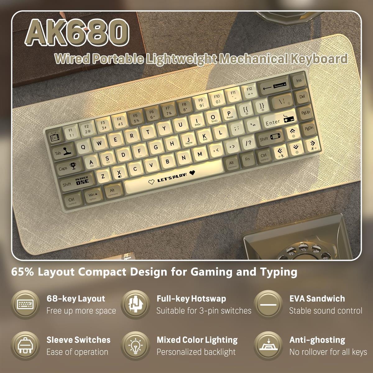 AJAZZ Keyboard AK680 Mechanical Gaming Keyboard Wired White Grey - Image 2