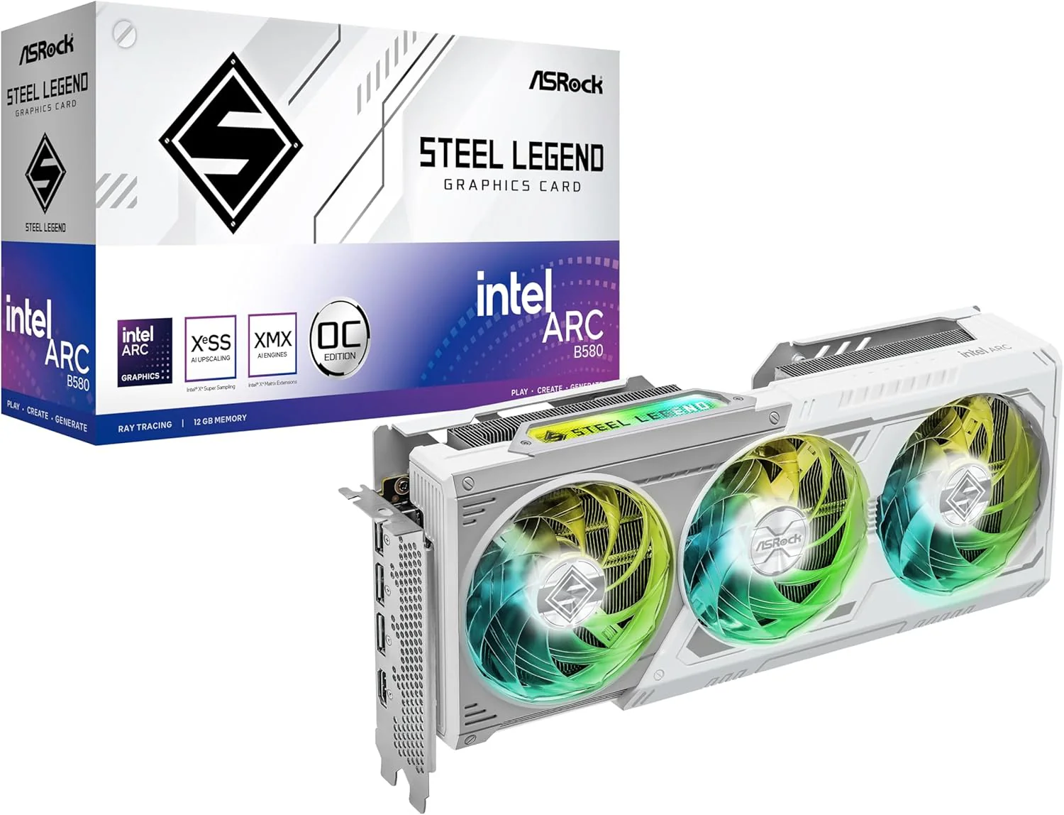 ASRock Graphic Card Intel Arc B580 Steel Legend 12GB OC Triple Fan White