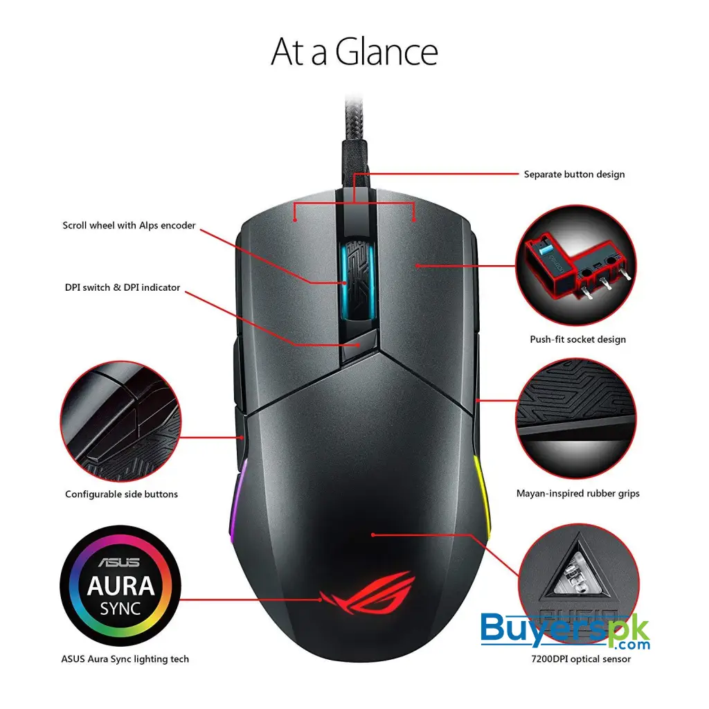 Asus Rog Pugio Gaming Mouse Aura Rgb Usb Wired Optical Ergonomic Ambidextrous Gaming Mouse - Image 3
