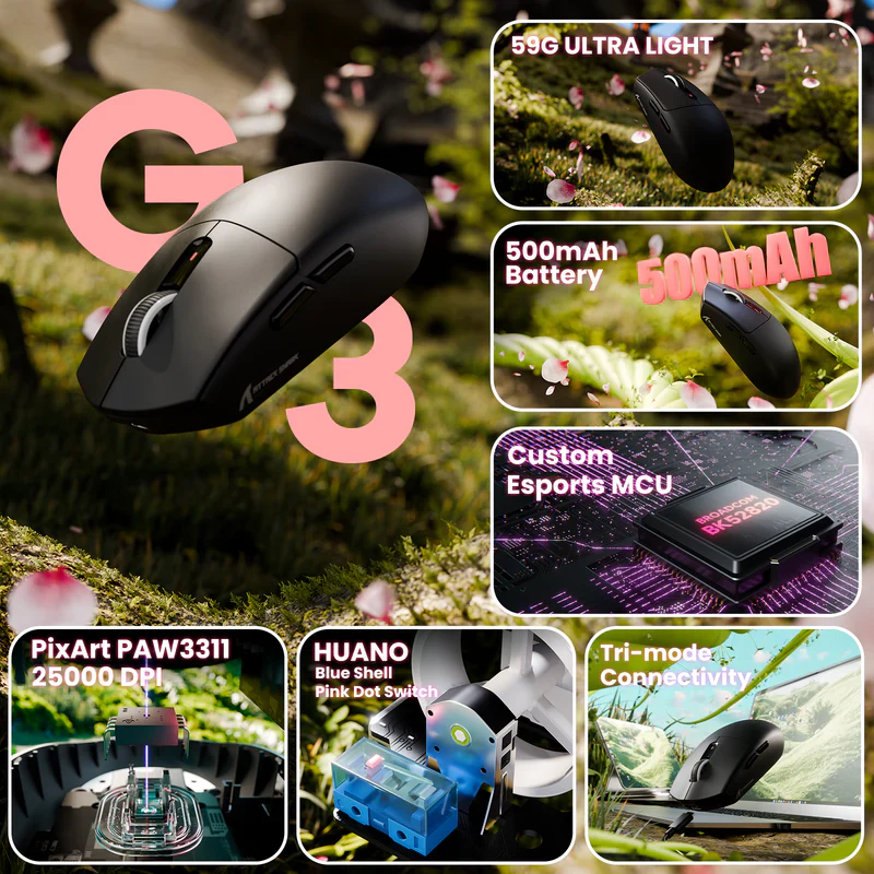 ATTACK SHARK Mouse G3 Tri-mode Wireless Gaming 25000 DPI Ultra Lightweight - Black - Image 3