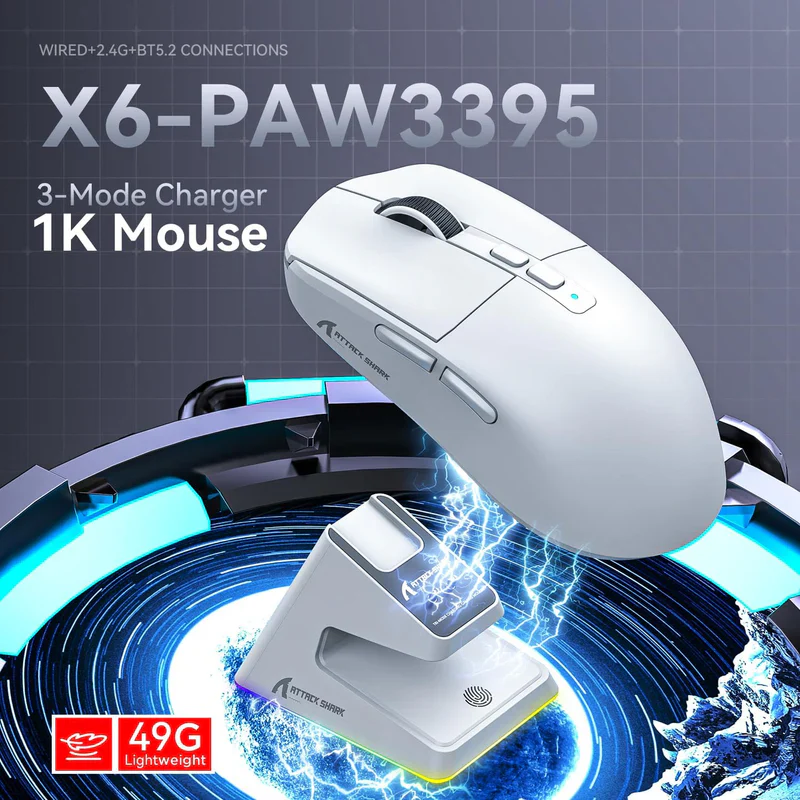 ATTACK SHARK Mouse X6 Three Modes Gaming With Charging Dock - White - Image 3
