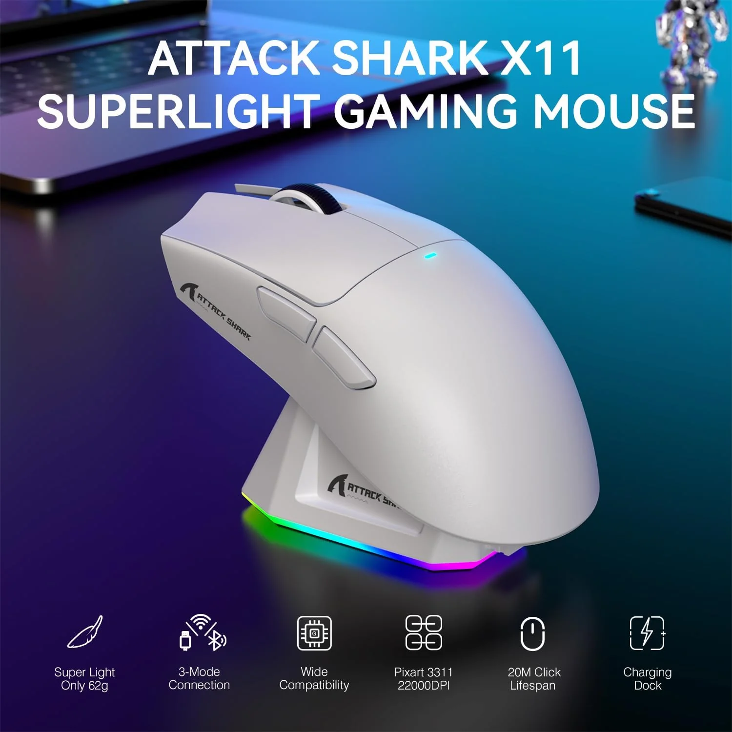 Attack Shark Wireless Gaming Mouse PAW3311 X11 Lightweight with RGB Charging Dock - Image 4