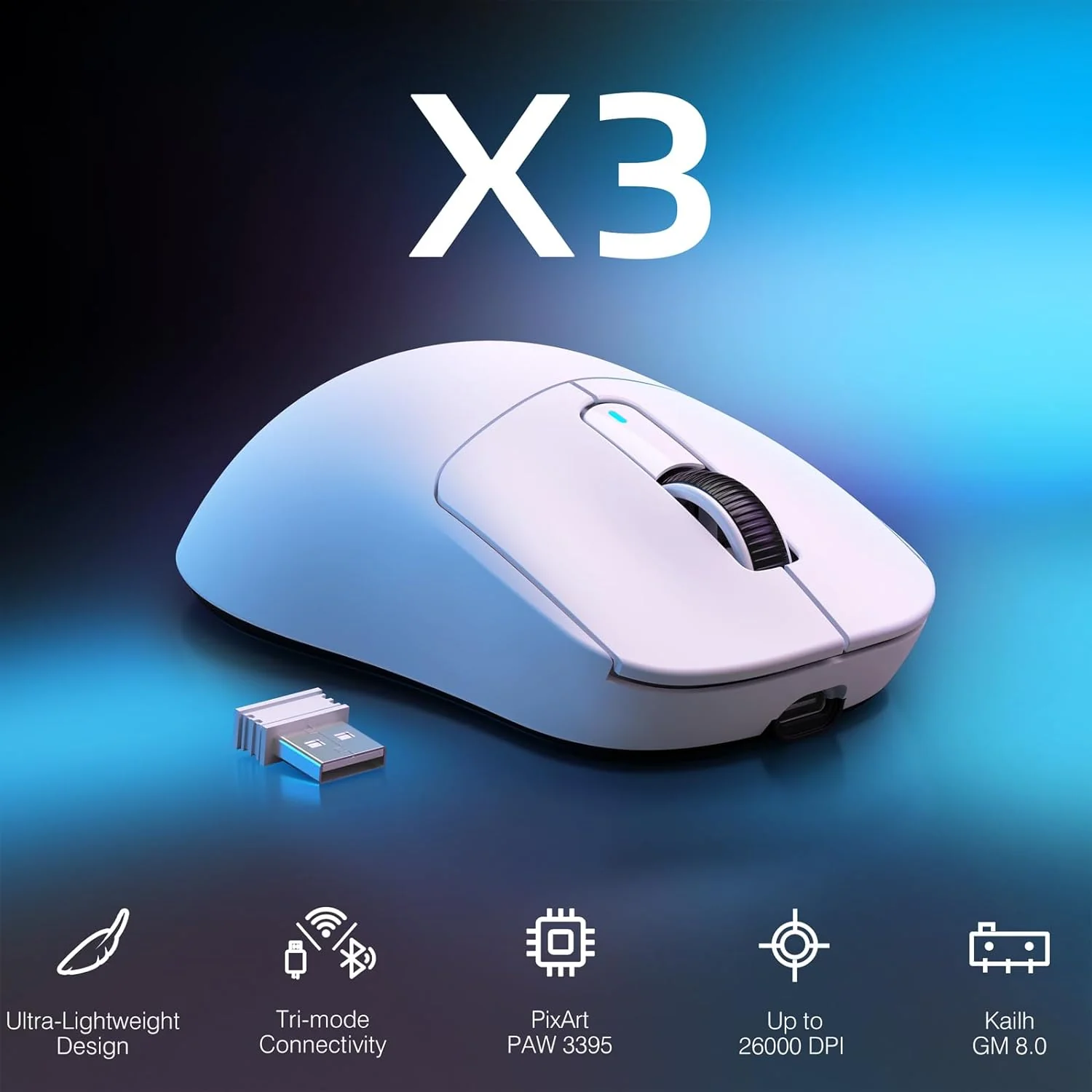 Attack Shark Wireless Gaming Mouse PAW3395 X3 Lightweight with Tri-Mode White - Image 2