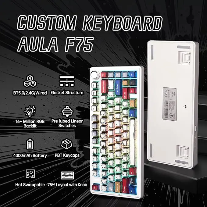 Aula Keyboard F75 Comic Tri mode Mechanical keyboard RGB Backlit Hot Swappable - Image 2