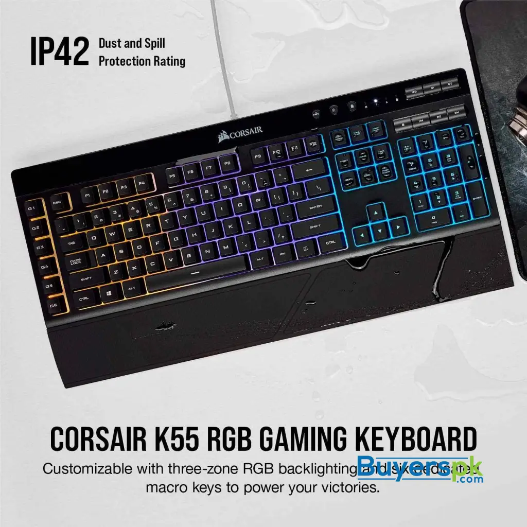 Corsair K55 Rgb Gaming Keyboard - Quiet & Satisfying Led Backlit Keys - Media Controls - Wrist Rest - Image 3