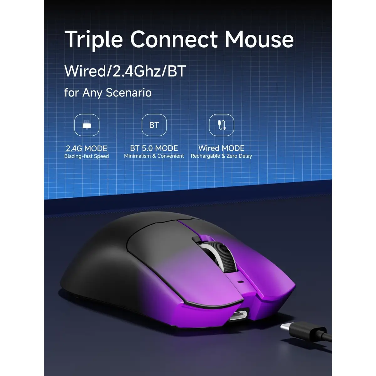 Eweadn Mouse S9 Pro Tri mode 8K Polling Rate 26000 DPI rechargeable Purple - Image 4