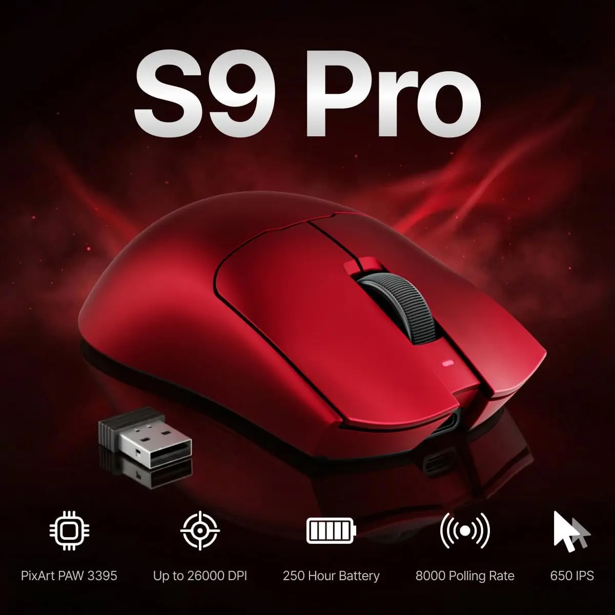 Eweadn Mouse S9 Pro Tri mode 8K Polling Rate 26000 DPI rechargeable Red - Image 2