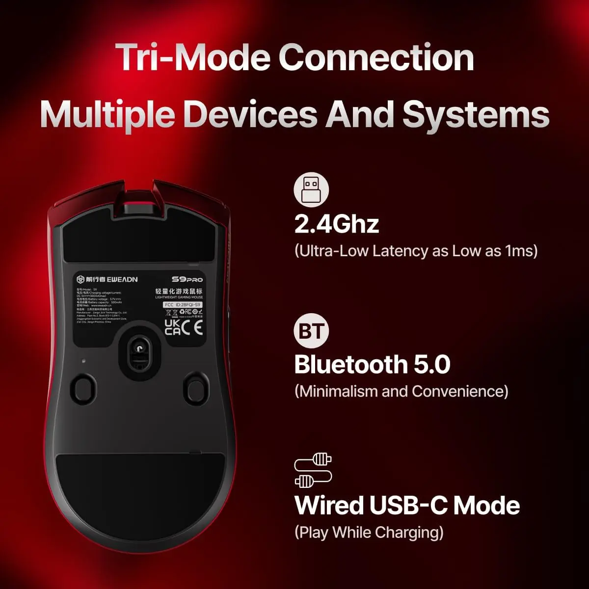 Eweadn Mouse S9 Pro Tri mode 8K Polling Rate 26000 DPI rechargeable Red - Image 7