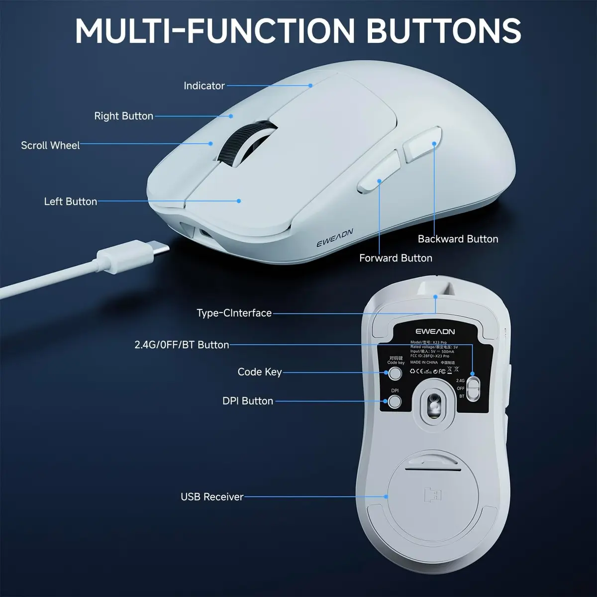 Eweadn Mouse X23 Pro Tri mode 12000 DPI rechargeable White - Image 5