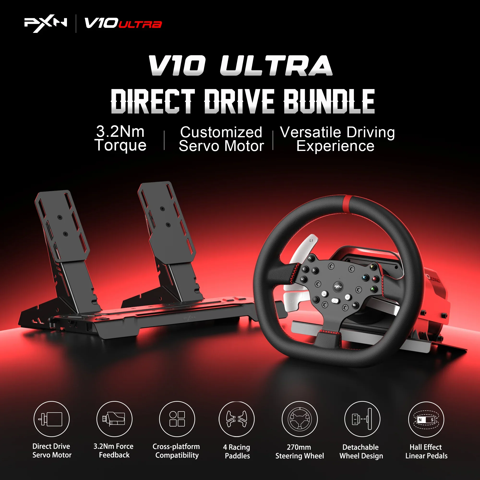 PXN Steering Wheel V10 Ultra Racing Wheel With 2 Pedals
