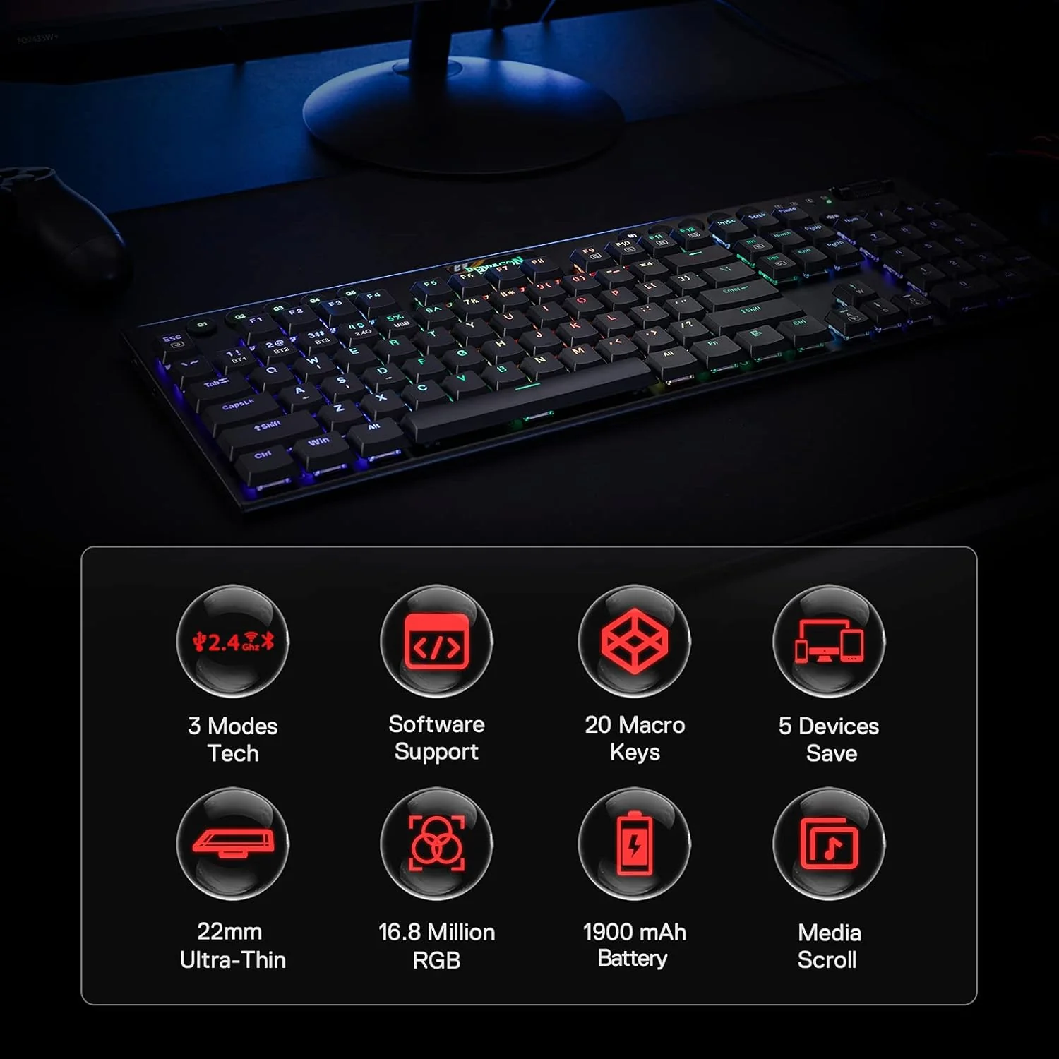 Redragon Keyboard K618 Horus Wireless Mechanical - Image 2